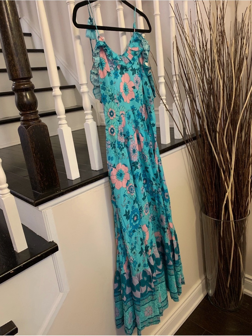 Turquoise and Pink Floral Maxi Dress with Ruffle Straps